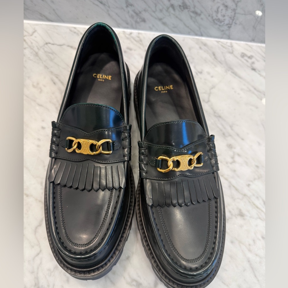 Celine Midnight Green Loafers with Gold Accent - worn twice